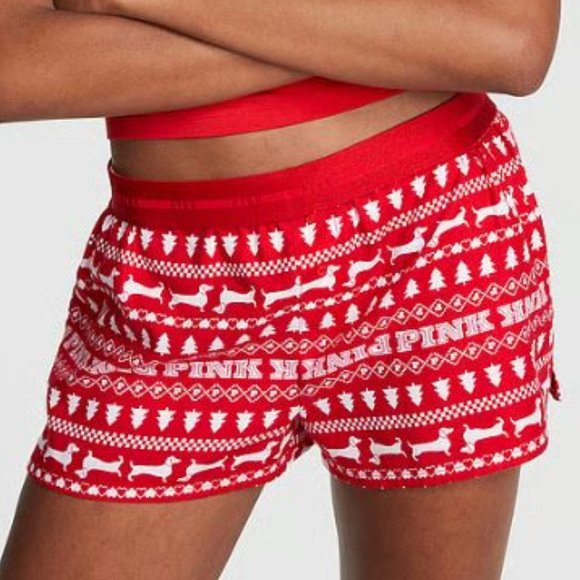 Victoria's Secret Pink Small Red White Christmas Tree Dog Pajama Shorts NWT - Picture 2 of 7